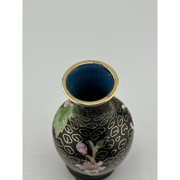 Vintage Mini Chinese Enameled Cloisonne Vase w/ Stand 3 inch Black Floral Blue - Picture 4 of 7